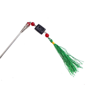 Oriental Hair Stick with Chinese Lacquer Bead and Tassels 5.25"
